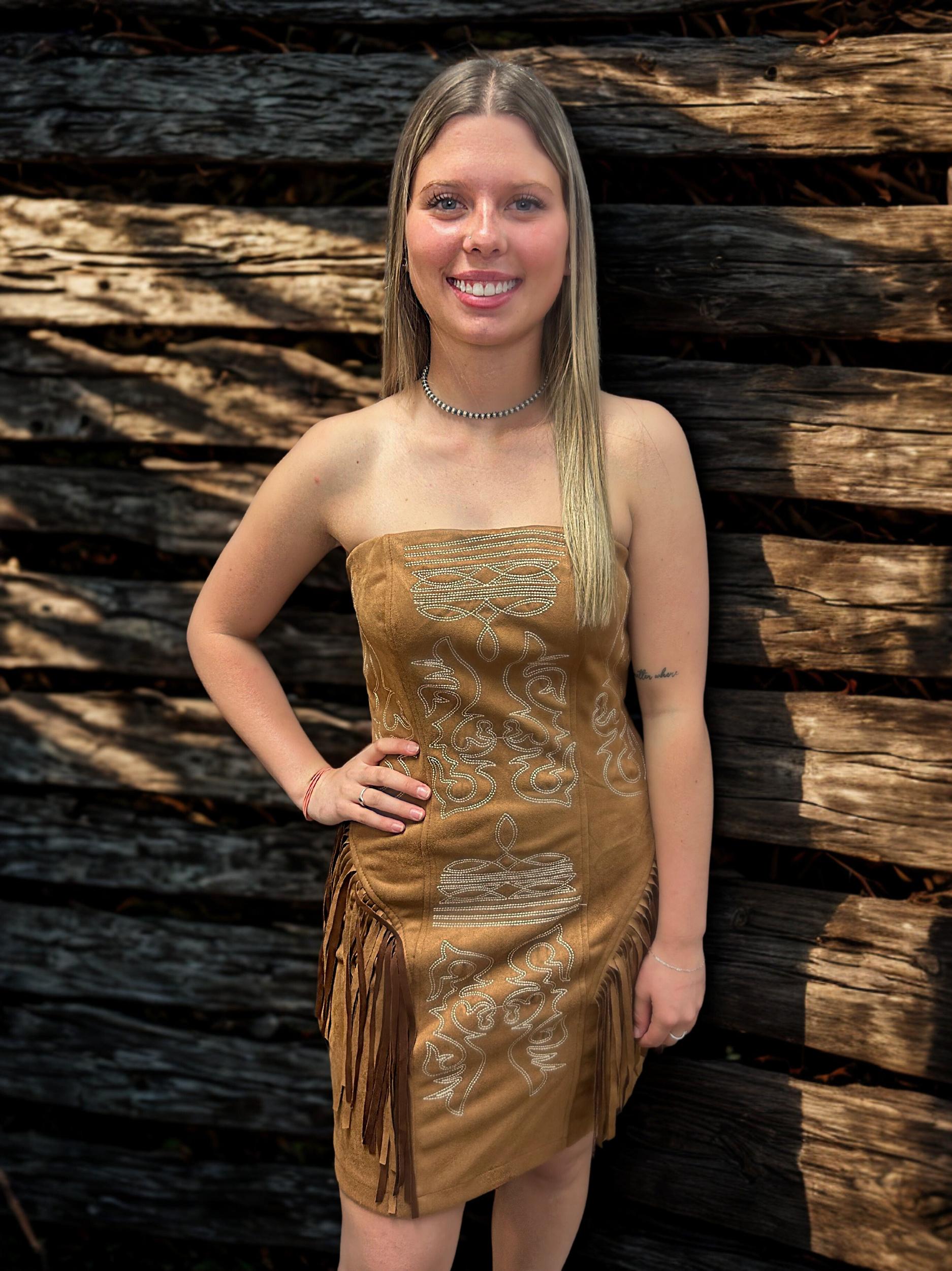 Camel Suede Boot Stitch Embroidered Fringe Dress* Product Image