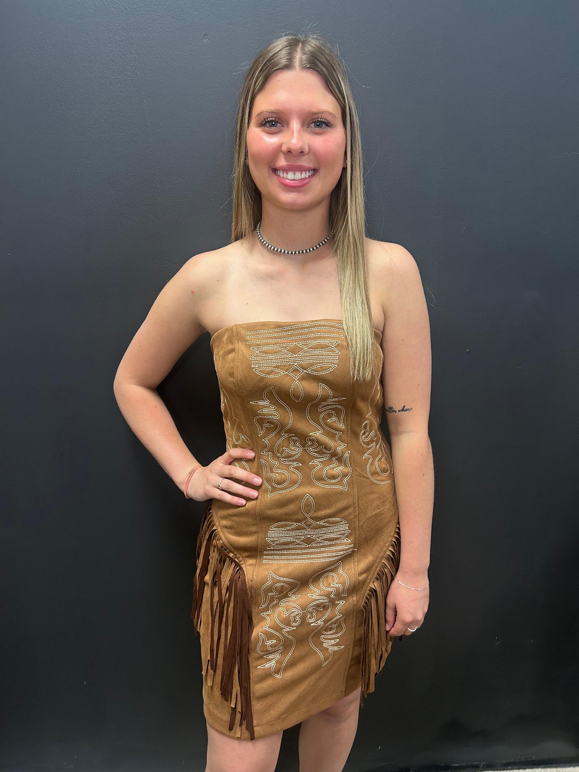 Camel Suede Boot Stitch Embroidered Fringe Dress* Product Image