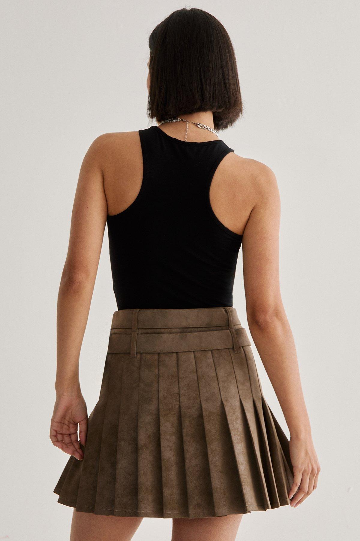 Distressed Faux Leather Pleated Skirt Product Image