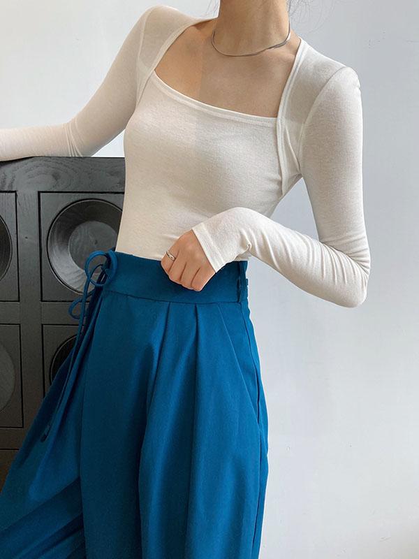 Long Sleeves Skinny Solid Color Square-Neck T-Shirts Tops Product Image