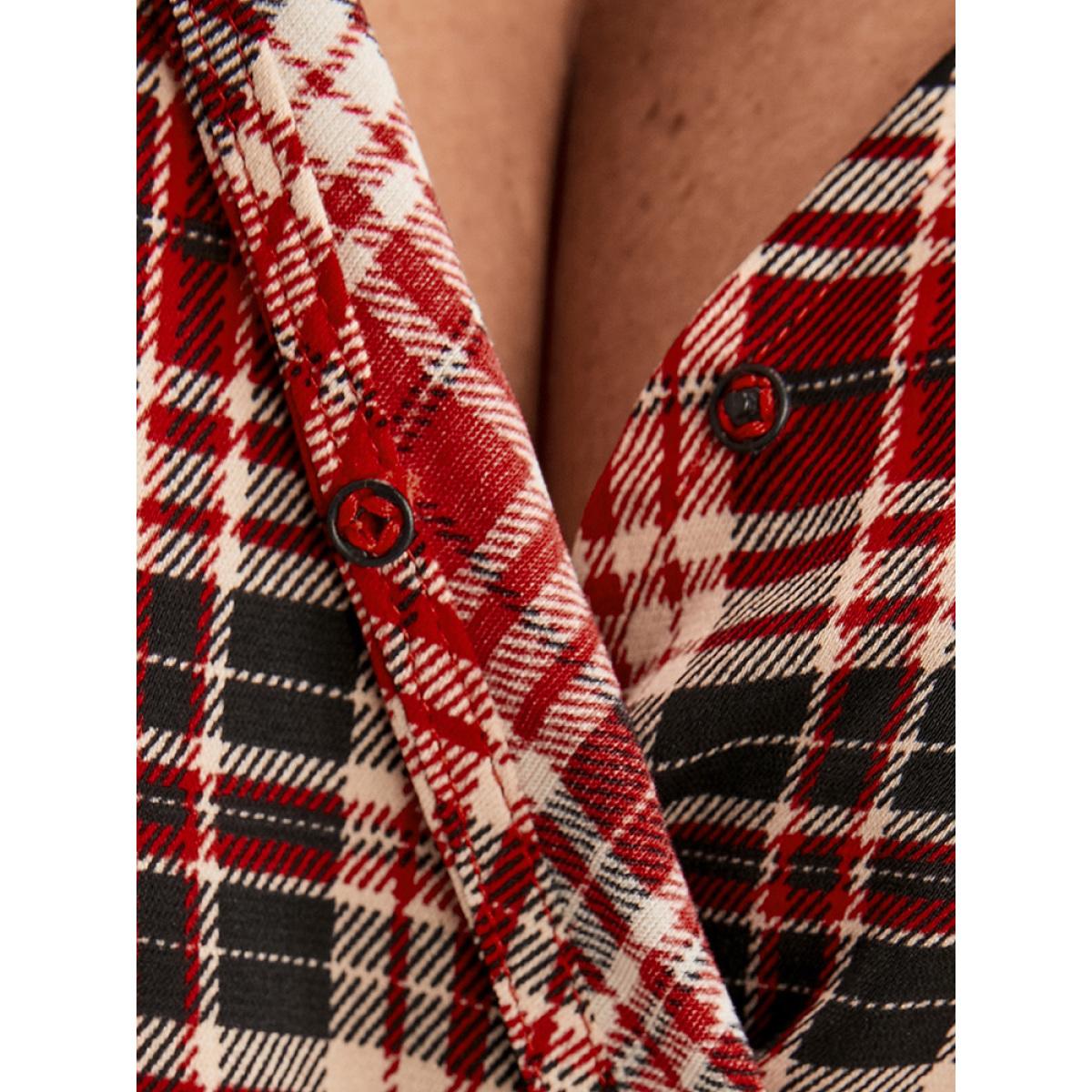 Plus Size Tartan Wrap Lantern Sleeve Pocket Knotted Split Dress Maroon Women Elegant Knotted V-neck Long Sleeve Curvy Midi Dress BloomChic 12/L Product Image