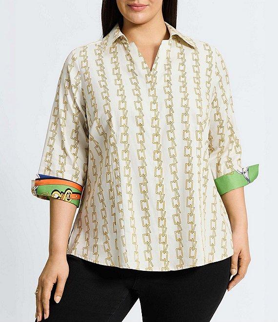 Foxcroft Plus Size Taylor Chain Stripe Print Wrinkle Free Cotton Sateen 3/4 Sleeve Button-Front Shirt Product Image