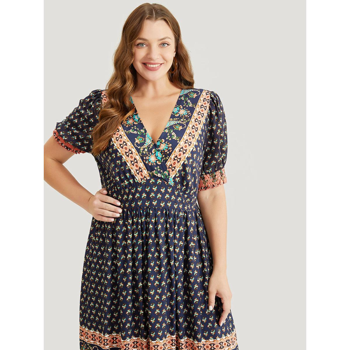 Plus Size Bandana Print Shirred Puff Sleeve Pocket Wrap Empire Waist Dress Indigo Women Vacation Wrap V-neck Short sleeve Curvy Midi Dress BloomChic 28/5X Product Image