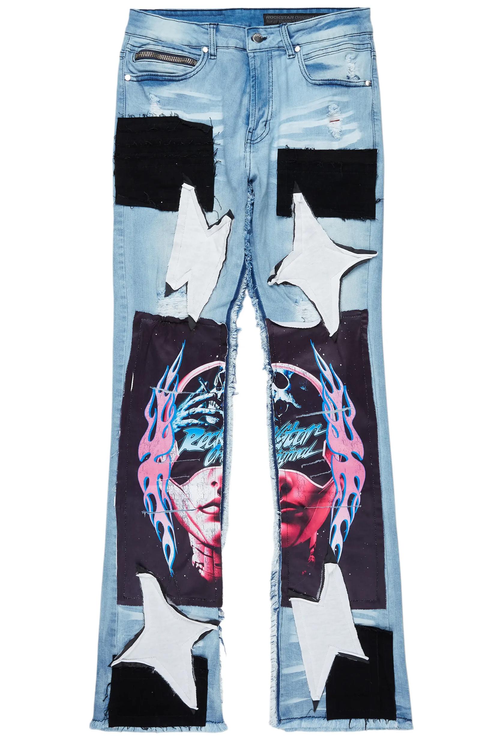 Helios Blue Patchwork Stacked Flare Jean Male Product Image