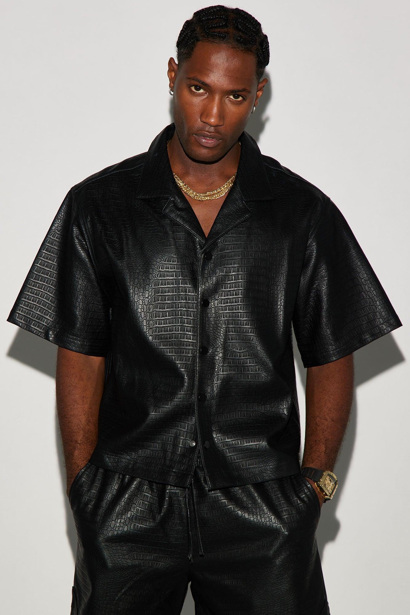 Gotta Run Faux Croc Leather Cropped Button Up Shirt - Black Product Image