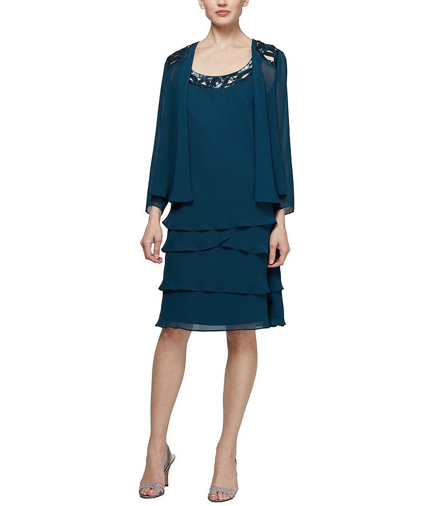 Ignite Evenings Sequin Detail Scoop Neck Long Sleeve Chiffon Tiered 2-Piece Jacket Dress Product Image