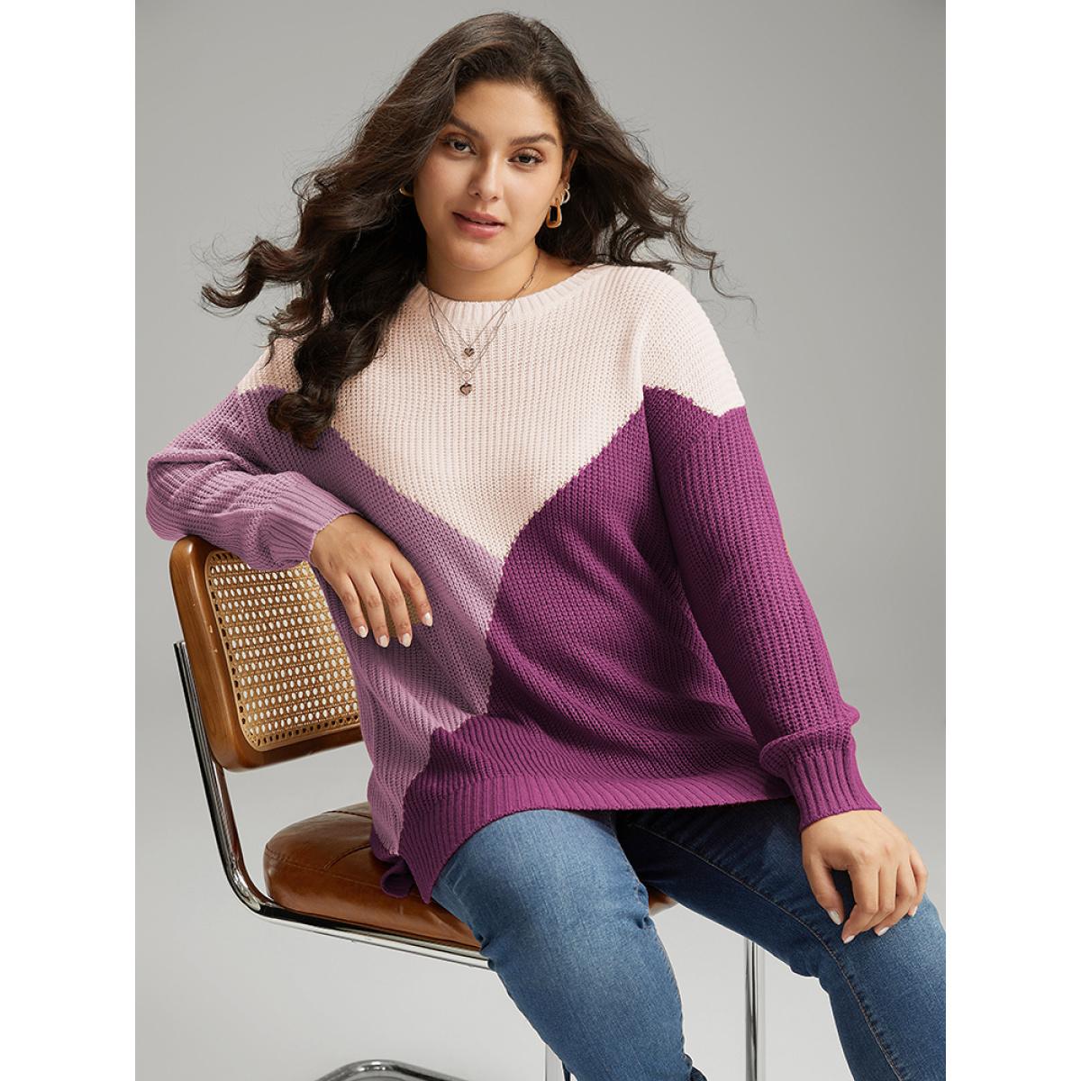 Plus Size Colorblock Split Side Drop Shoulder Pullover RedViolet Women Casual Loose Long Sleeve Round Neck Dailywear Pullovers BloomChic 10/M Product Image