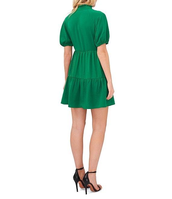 CeCe Ruffle Mock V-Neck Short Puffed Sleeve Tiered Mini Dress Product Image
