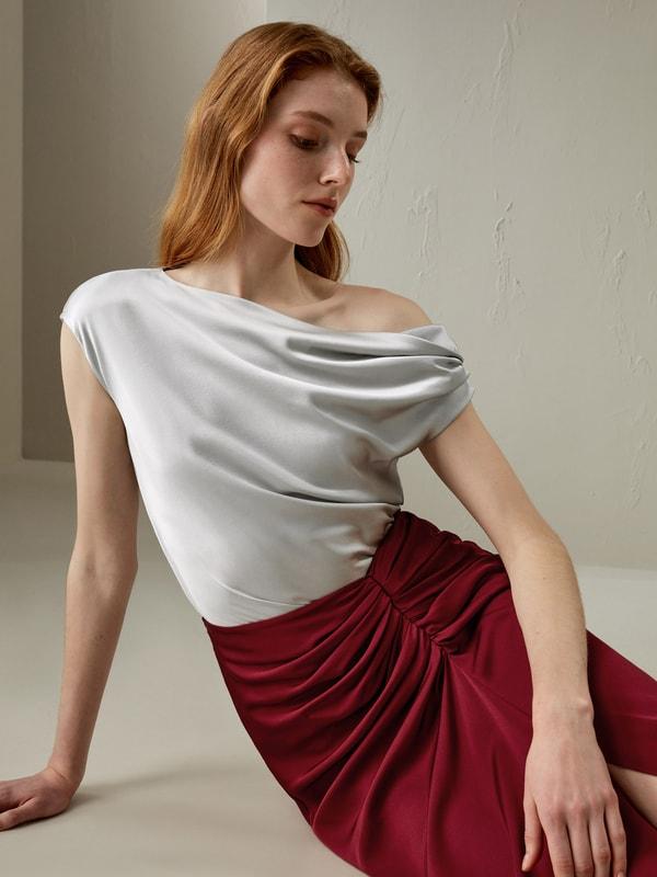 LILYSILK Female One Shoulder Silk Top - Silvergray Premium Silk - Perfect Wardrobe Staples Cowl Neck Silk Top 10 Product Image