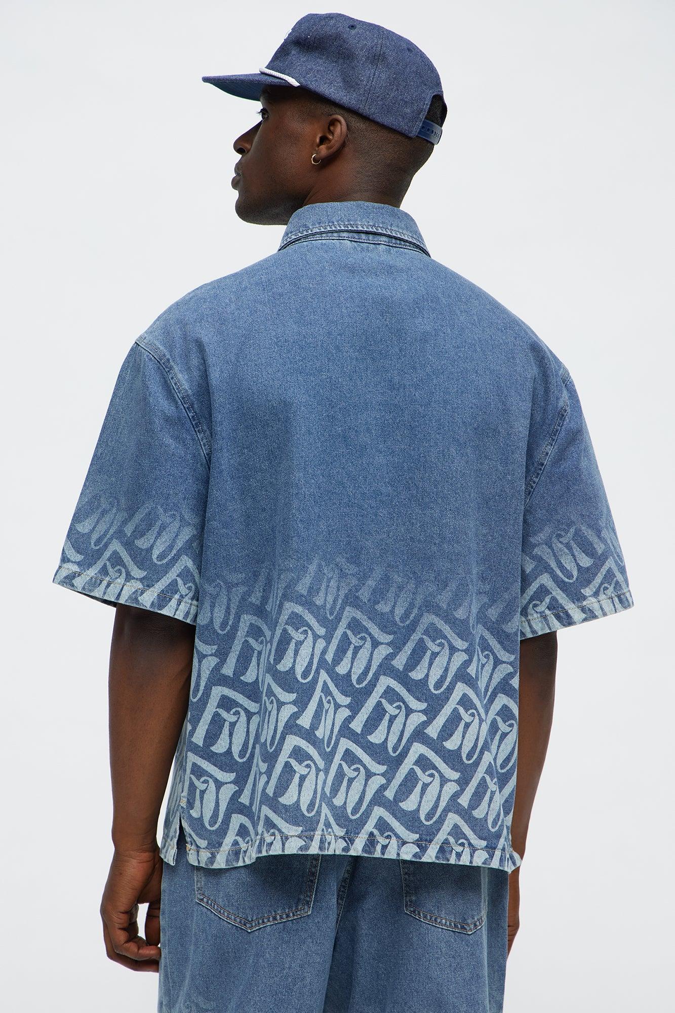 Boxy Cropped Chateau Monogram Denim Shirt - Light Blue Wash Male Product Image