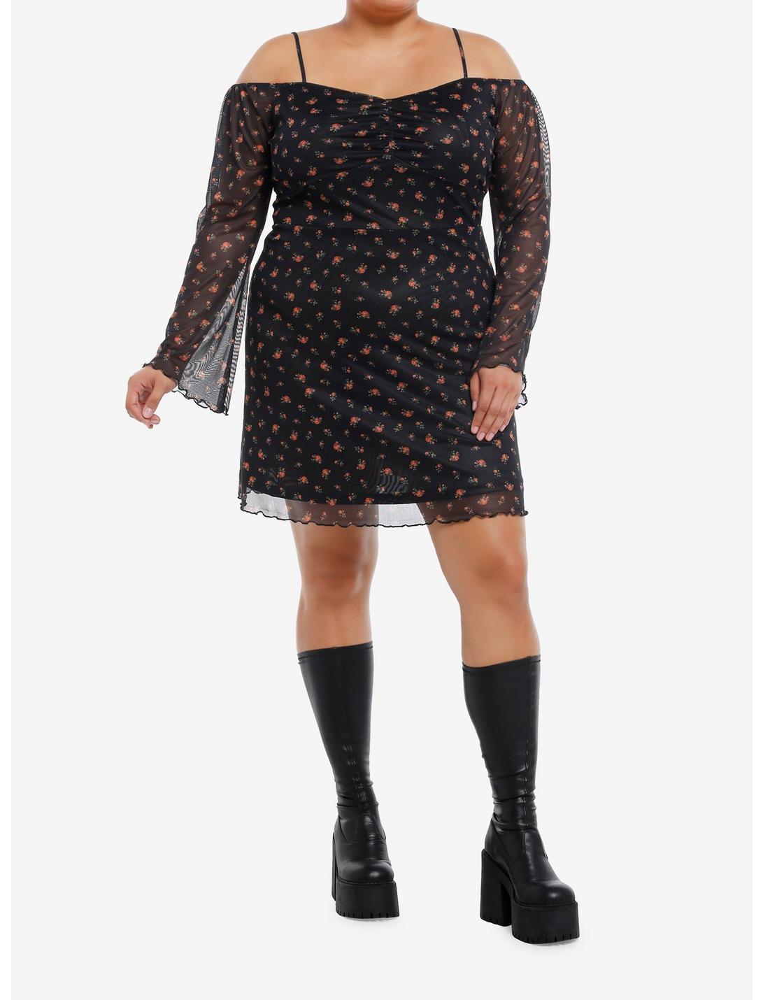Thorn & Fable Floral Mesh Cold Shoulder Bell Sleeve Dress Plus Size Product Image
