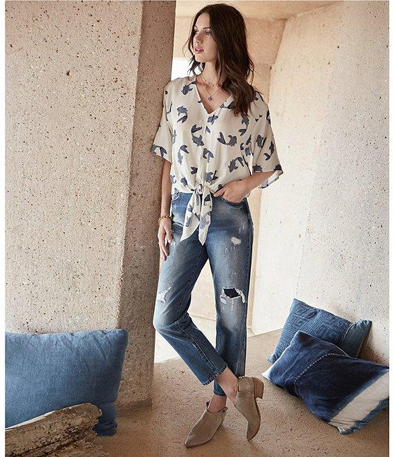 Karen Kane Fish Print V-Neck Short Flutter Sleeve Tie-Front Top Product Image