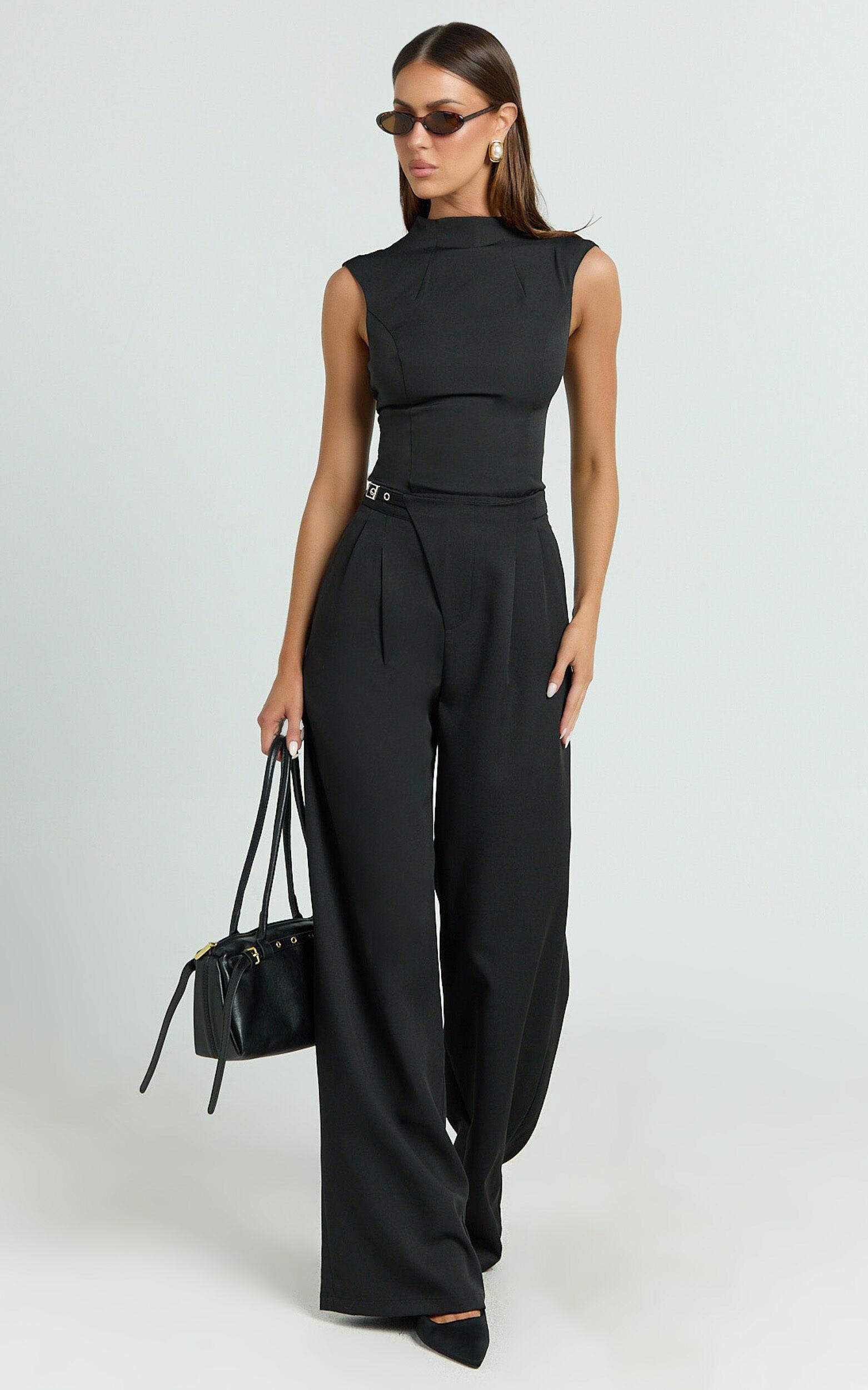 Luciana Pants - High Waist Crossover Belted Straight Leg Tailored Pants in Black Product Image