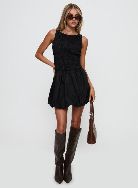 Demure Shirred Bubble Hem Mini Dress Black Product Image