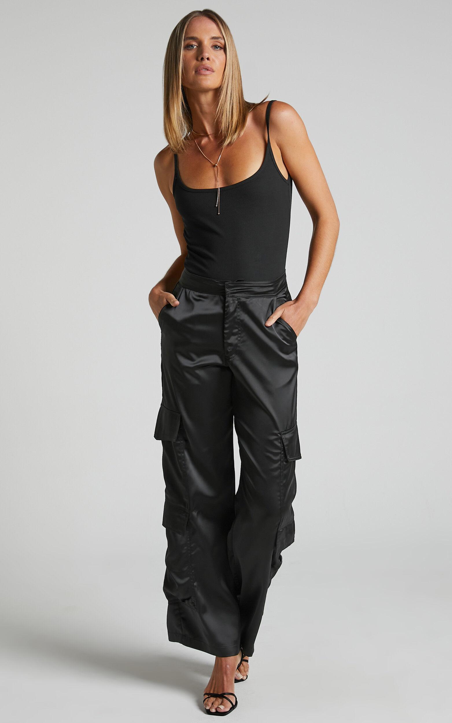 Saori Pants - Mid Rise Satin Cargo Pants in Black Product Image