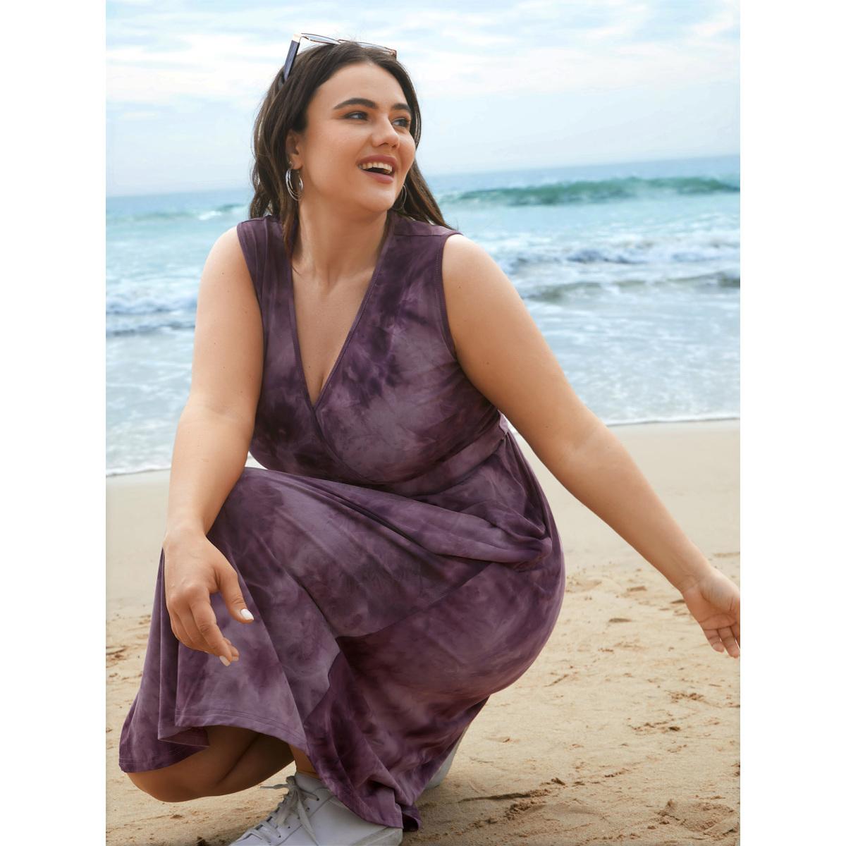 Plus Size Tie-Dye Surplice Neck Curved Hem Midi Dress Eggplant Women Leisure Non Knit Dresses Bloomchic 10/M Product Image
