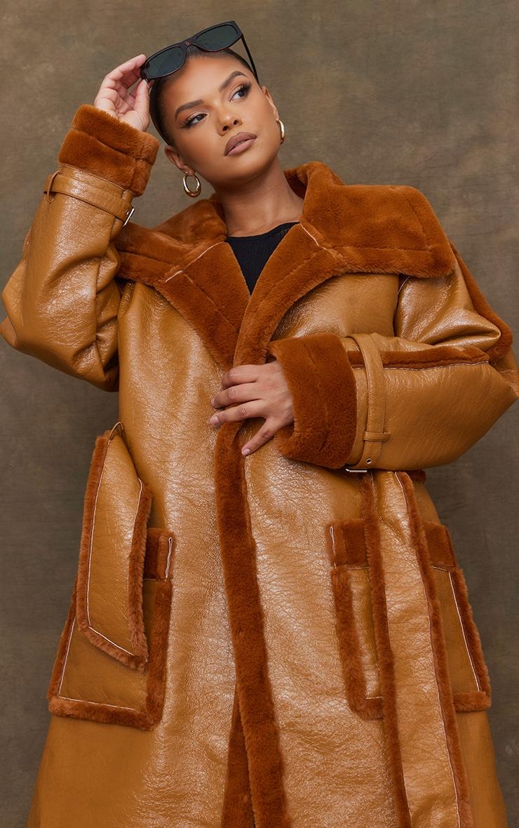 Plus Camel Vinyl Contrast Faux Fur Midi Coat Product Image