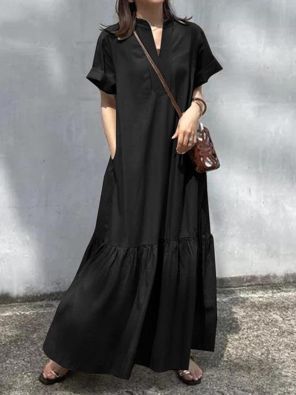 A-Line Loose Solid Color Split-Joint V-Neck Maxi Dresses Product Image