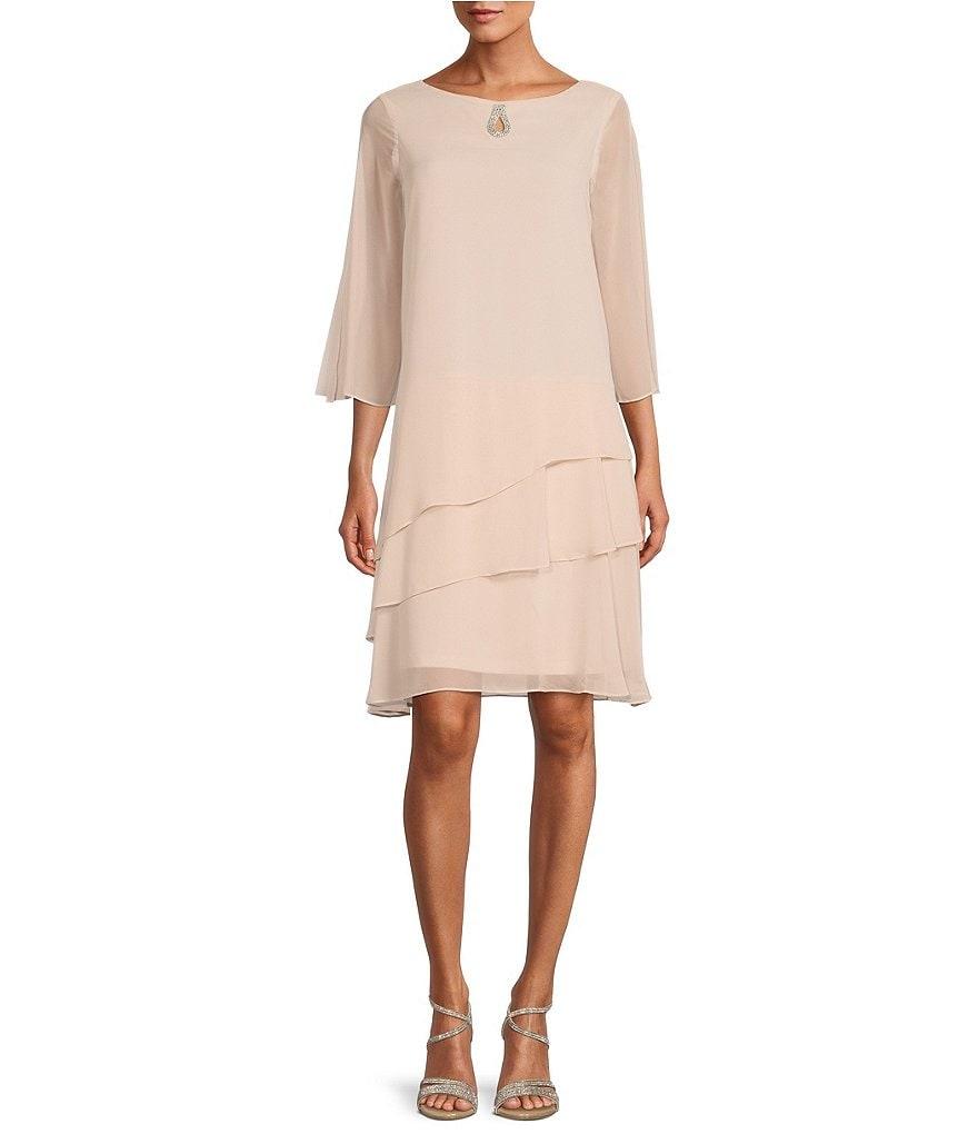 Marina Split 3/4 Sleeve Round Beaded Keyhole Neck Asymmetrical Tiered Chiffon Trapeze Dress Product Image