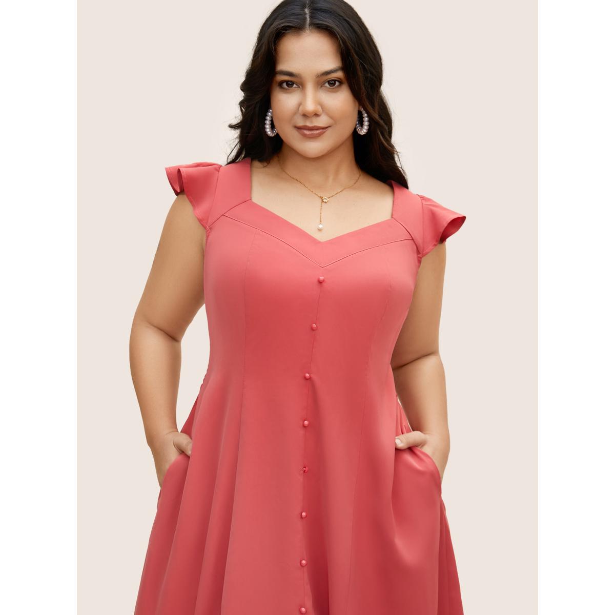 Plus Size Solid Ruffle Cap Sleeve Button Detail Midi Dress Russet Women Elegant Button Heart neckline Cap Sleeve Curvy BloomChic 10/M Product Image