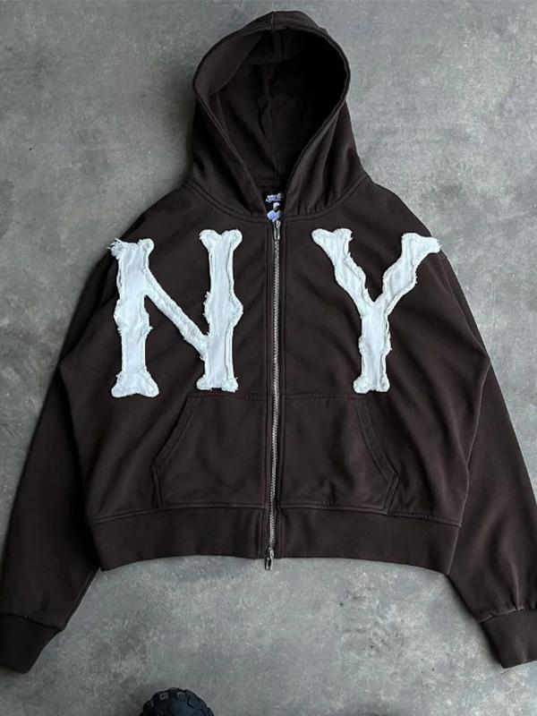 Embroidered Zip Up Cardigan Loose Hoodie Product Image