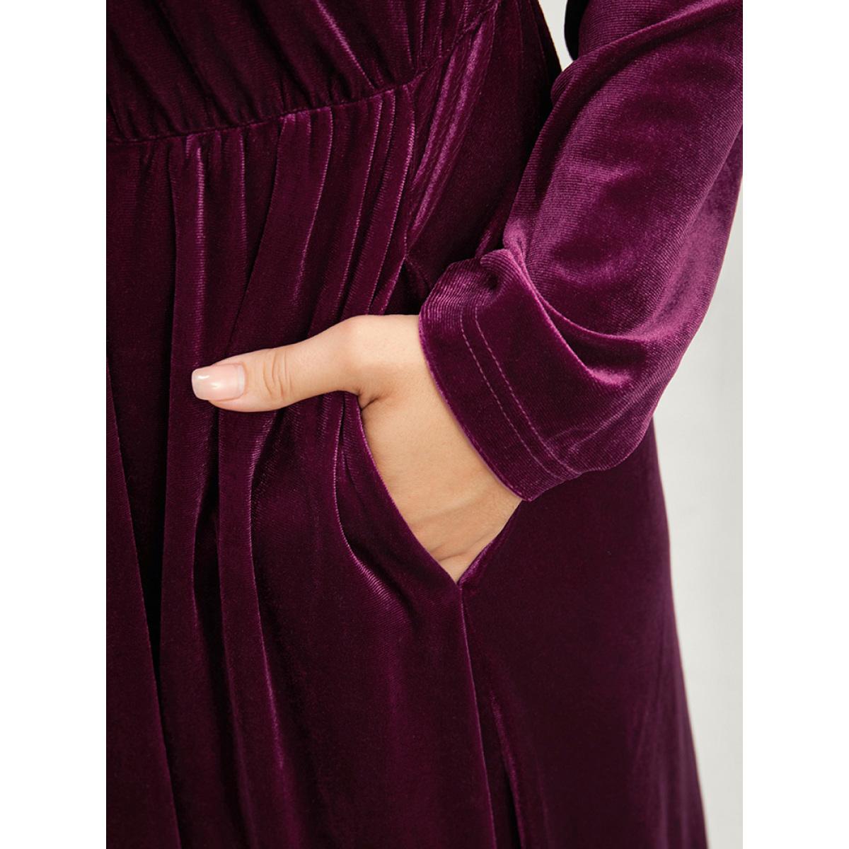 Plus Size Solid Mesh Patchwork Pocket Velvet Arc Hem Dress Burgundy Women Party See through Round Neck Long Sleeve Curvy Midi Dress BloomChic 26/4X Product Image