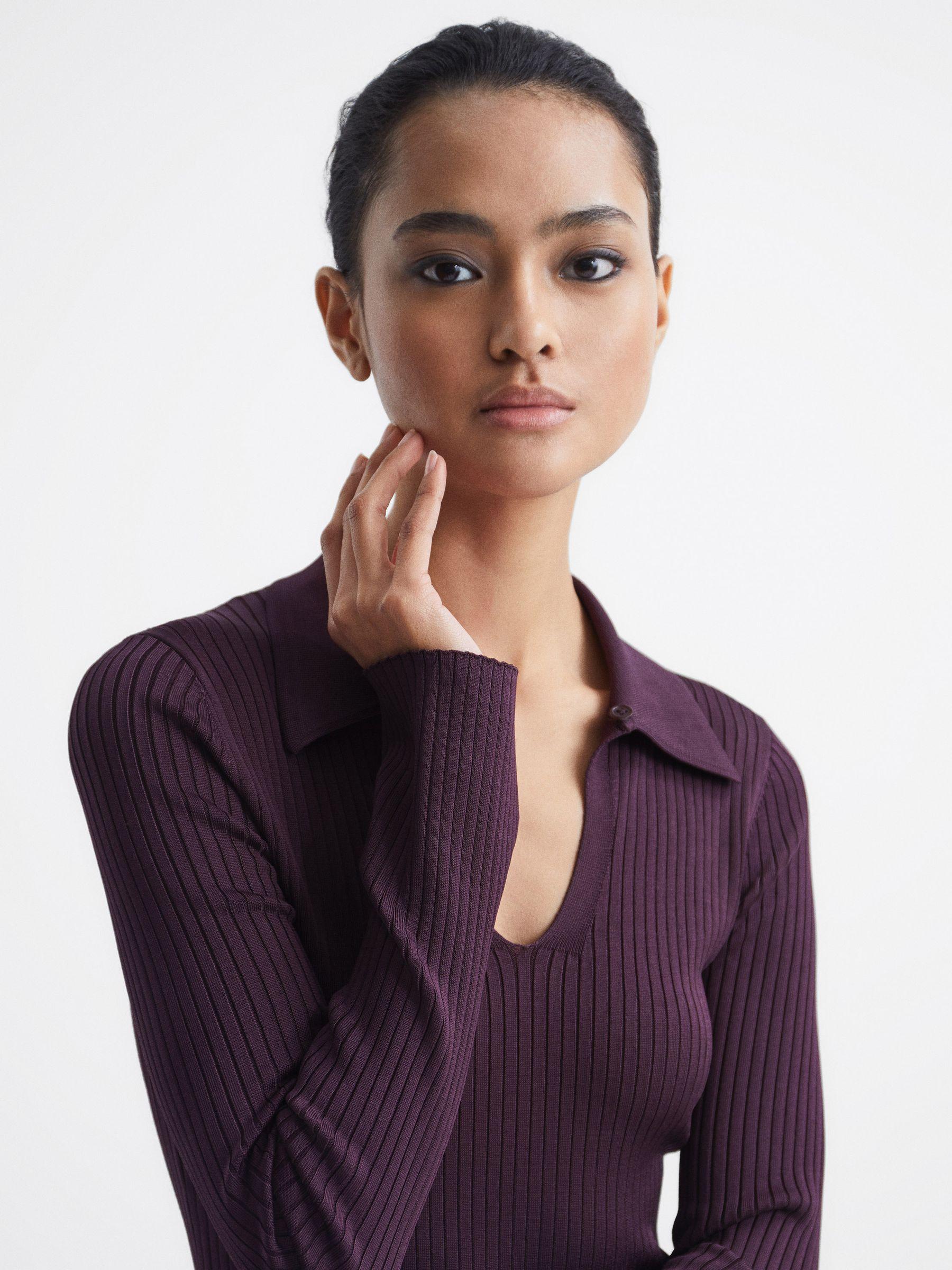 Collared Knitted Bodycon Dress in Purple Product Image