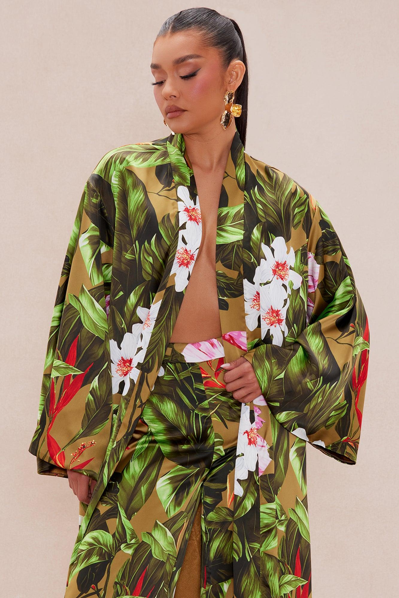 Amazonian Satin Kimono Pant Set - Green/combo Product Image