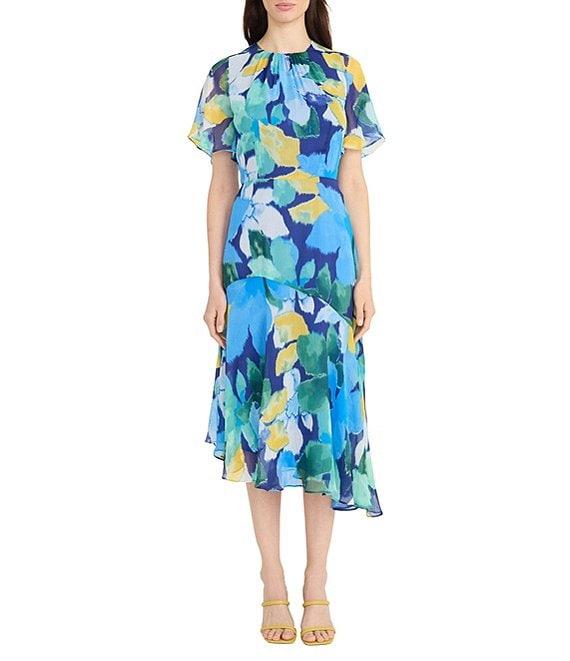 Maggy London Floral Print Round Neckline Short Sleeve Asymmetrical Hem Midi Dress Product Image