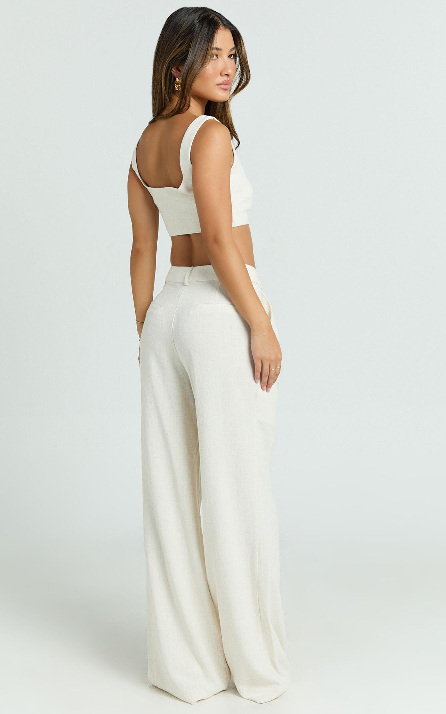 Gaia Two Piece Set - Linen Look Square Neck Crop Top and High Waist Pants Set in Stone Product Image