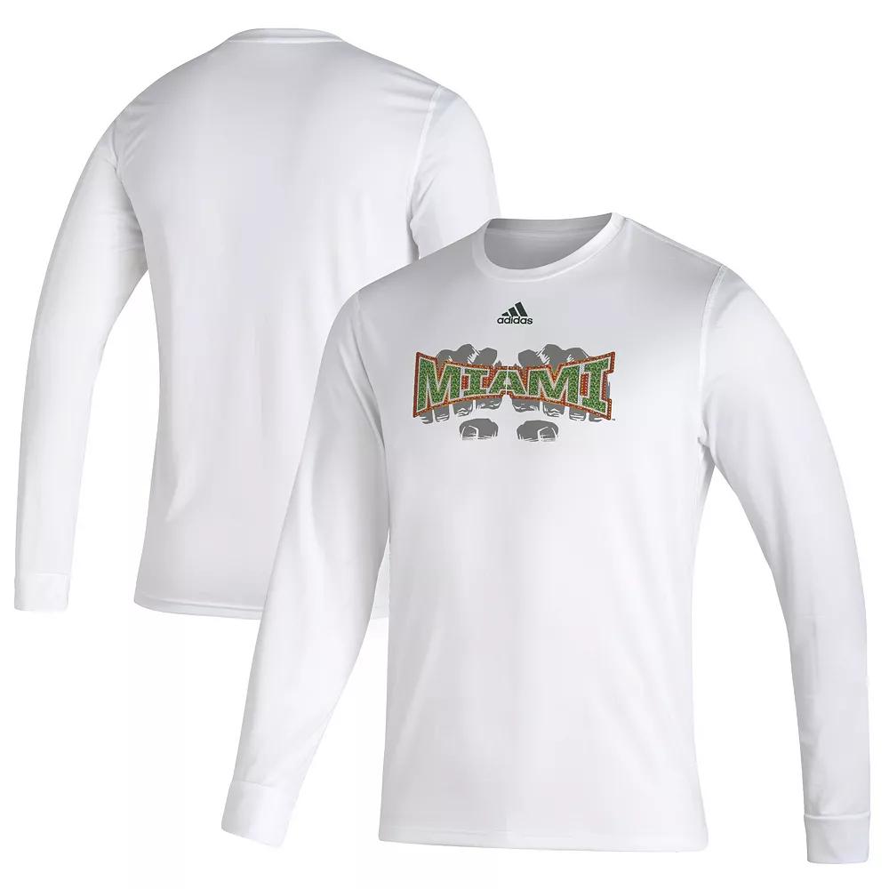 Men's adidas White Miami Hurricanes Touchdown Ring Creator Long Sleeve T-Shirt,  Product Image