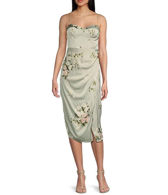 B. Darlin Floral Print Sweetheart Neck Spaghetti Strap Bustier Midi Shirred Dress Product Image