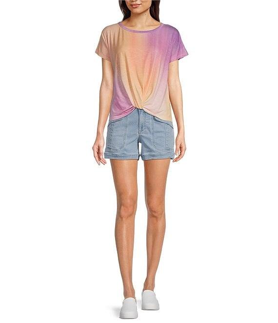 Democracy Tie-Dye Knit Scoop Neck Short Sleeve Twist Front Hem Knit Top Product Image