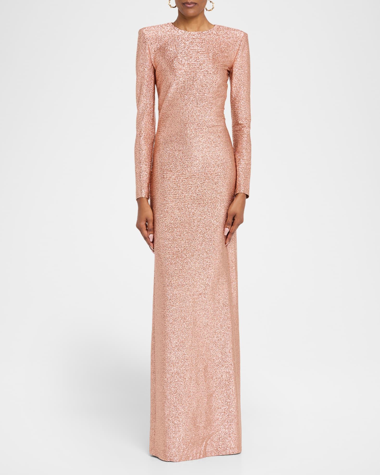 Long Sleeve Stretch Lame Gown Product Image