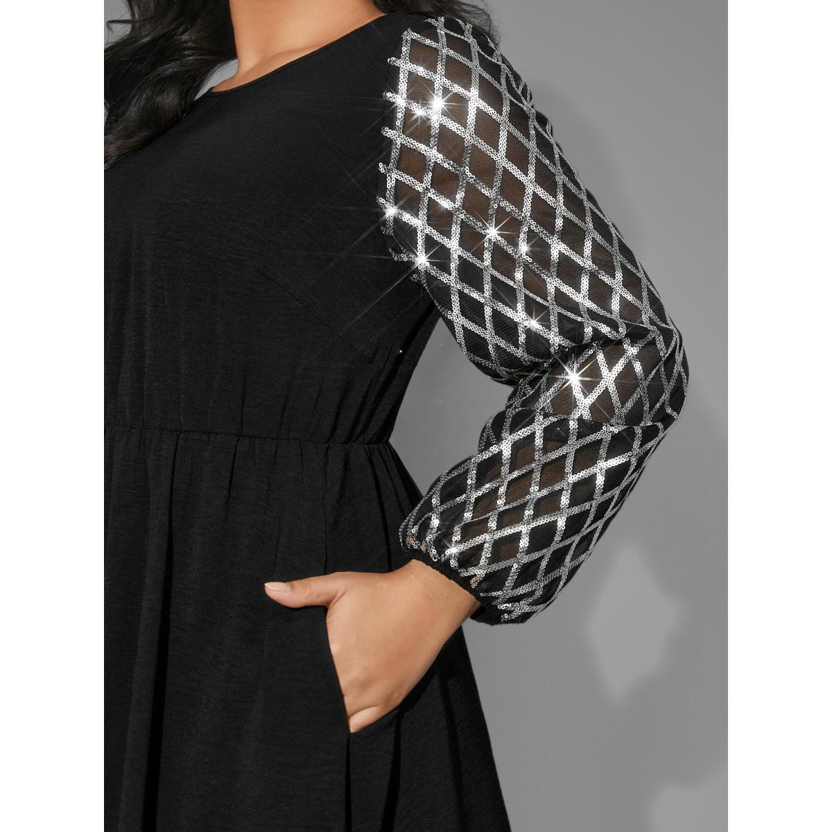 Plus Size Texture Sequin Mesh Patchwork Belted Dress Black Women Party&Cocktail Texture Round Neck Long Sleeve Curvy BloomChic 14-16/1X Product Image