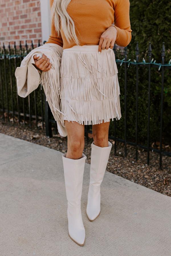 Boho Flow Faux Suede Fringe Skirt in Cream Product Image