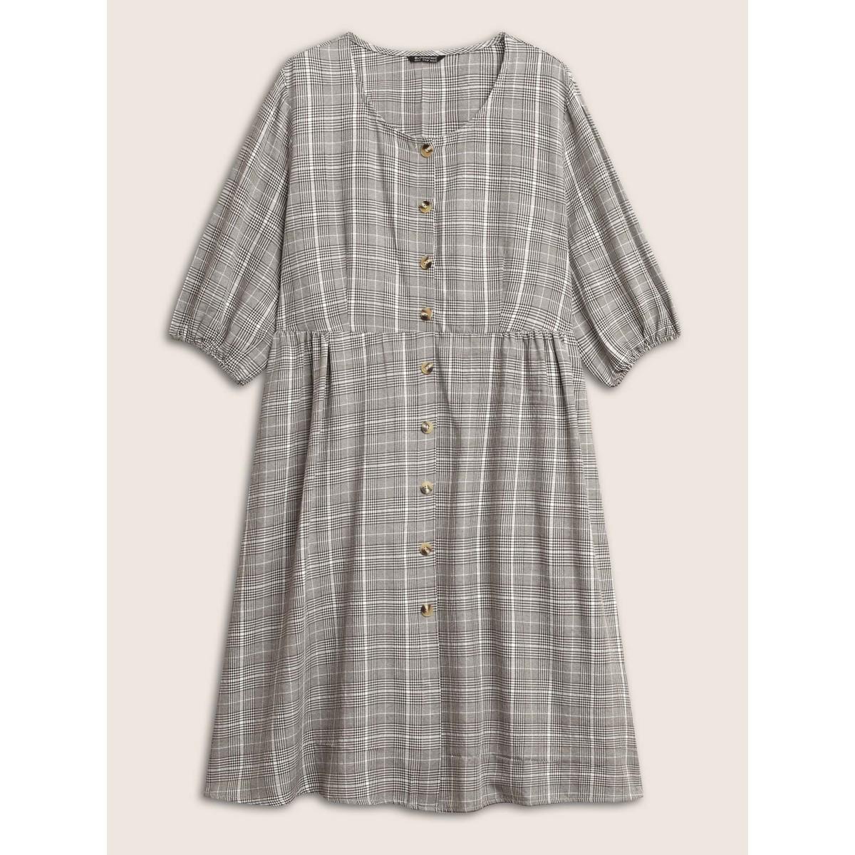 Plus Size Plaid Button Detail Pocket Lantern Sleeve Dress Chocolate Women At the Office Non Round Neck Elbow-length sleeve Curvy Knee Dress BloomChic 18-20/2X Product Image