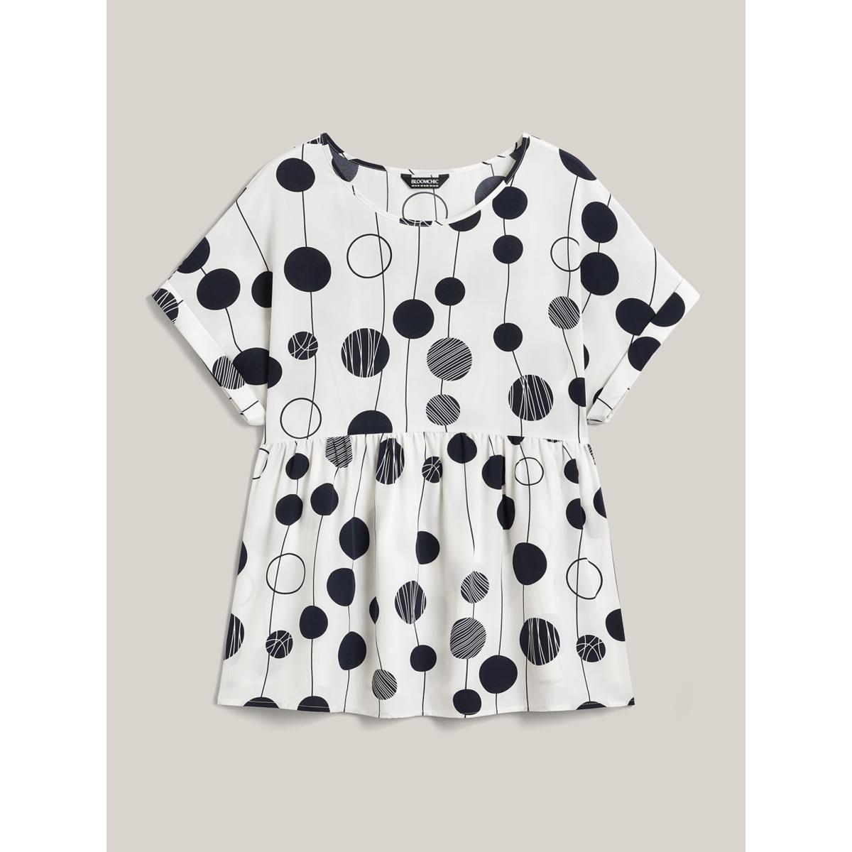 Plus Size Indigo Polka Dots Print Dolman Sleeve Babydoll Top Women Short sleeve Round Neck Work Blouses BloomChic 12/L Product Image