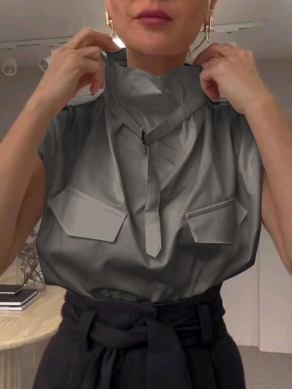 Loose Sleeveless Buckle Solid Color Stand Collar Blouses&Shirts Tops Product Image