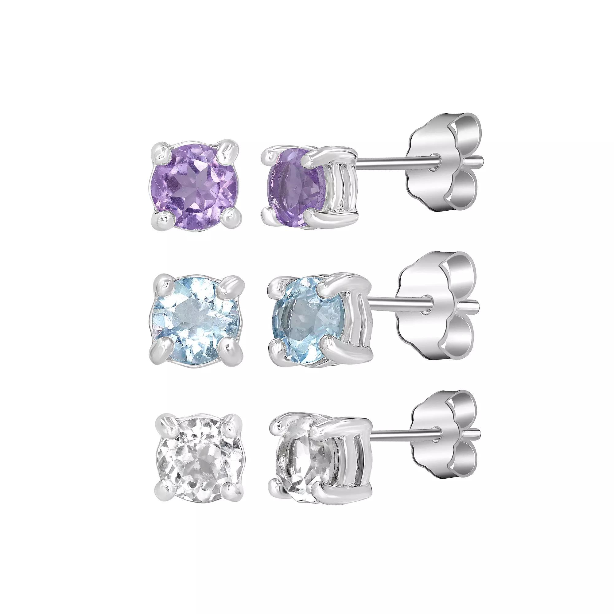 Gemistry Sterling Silver Round White Topaz & Topaz Earring Trio Set, Women's, Purple Blue Topaz Product Image