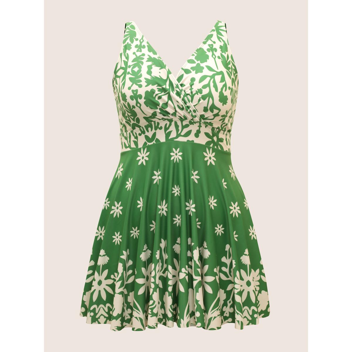 Plus Size Boho Print Overlap Collar Gathered Swim Dress Women's Swimwear Truegreen Beach Bodycon Overlap Collar High stretch Curve Swim Dresses BloomChic 12/L Product Image