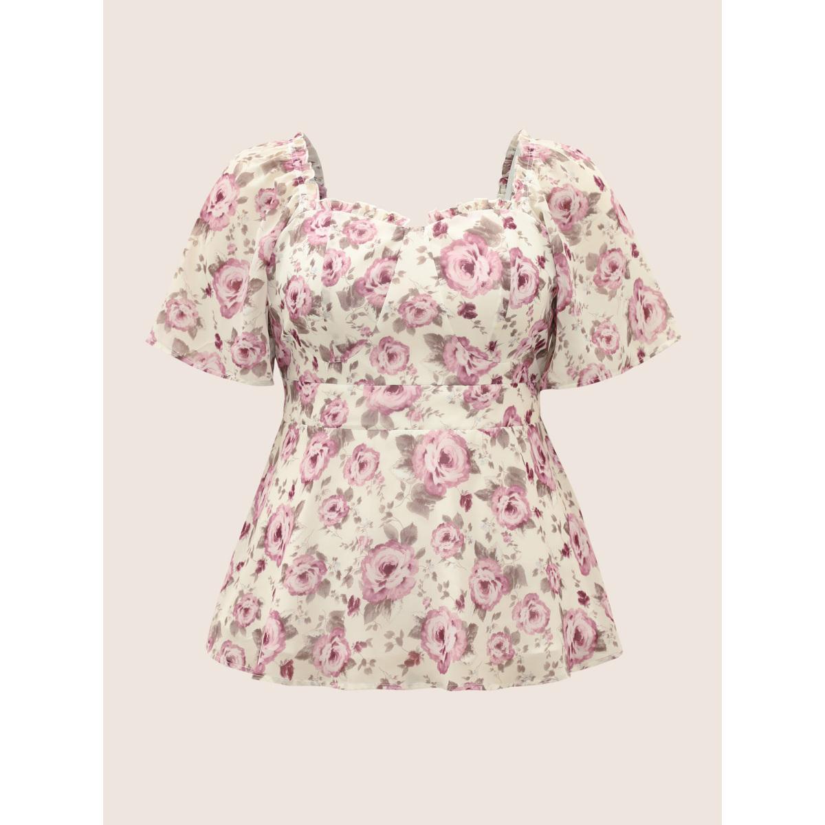 Plus Size Ivory Heart Neckline Floral Shirred Ruffles Blouse Women Elegant Short sleeve Heart neckline Everyday Blouses BloomChic 14-16/1X Product Image