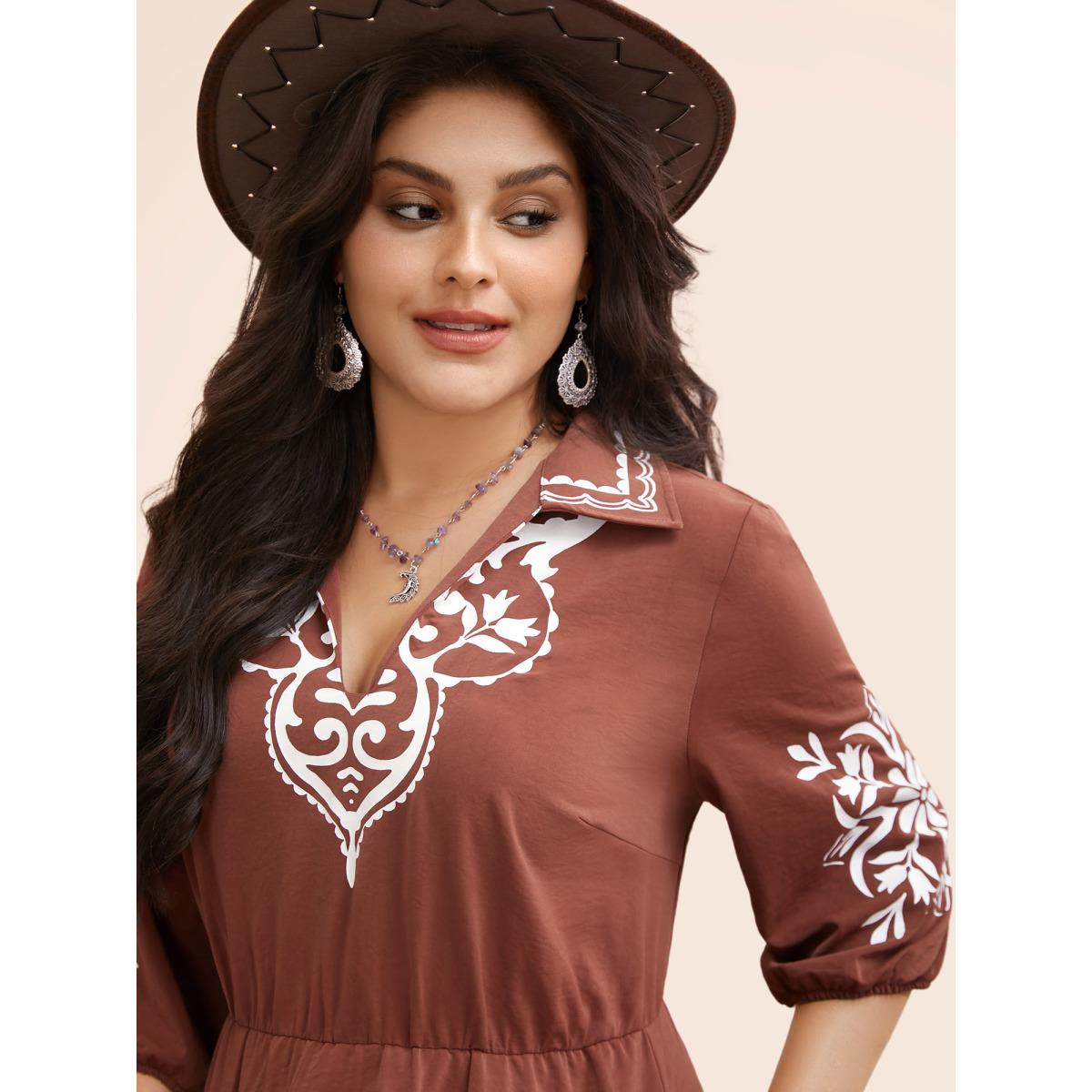 Plus Size Precision Printing Waist-Cinching Midi Dress Rust Women Resort Contrast Lapel Collar Elbow-length sleeve Curvy BloomChic 22-24/3X Product Image