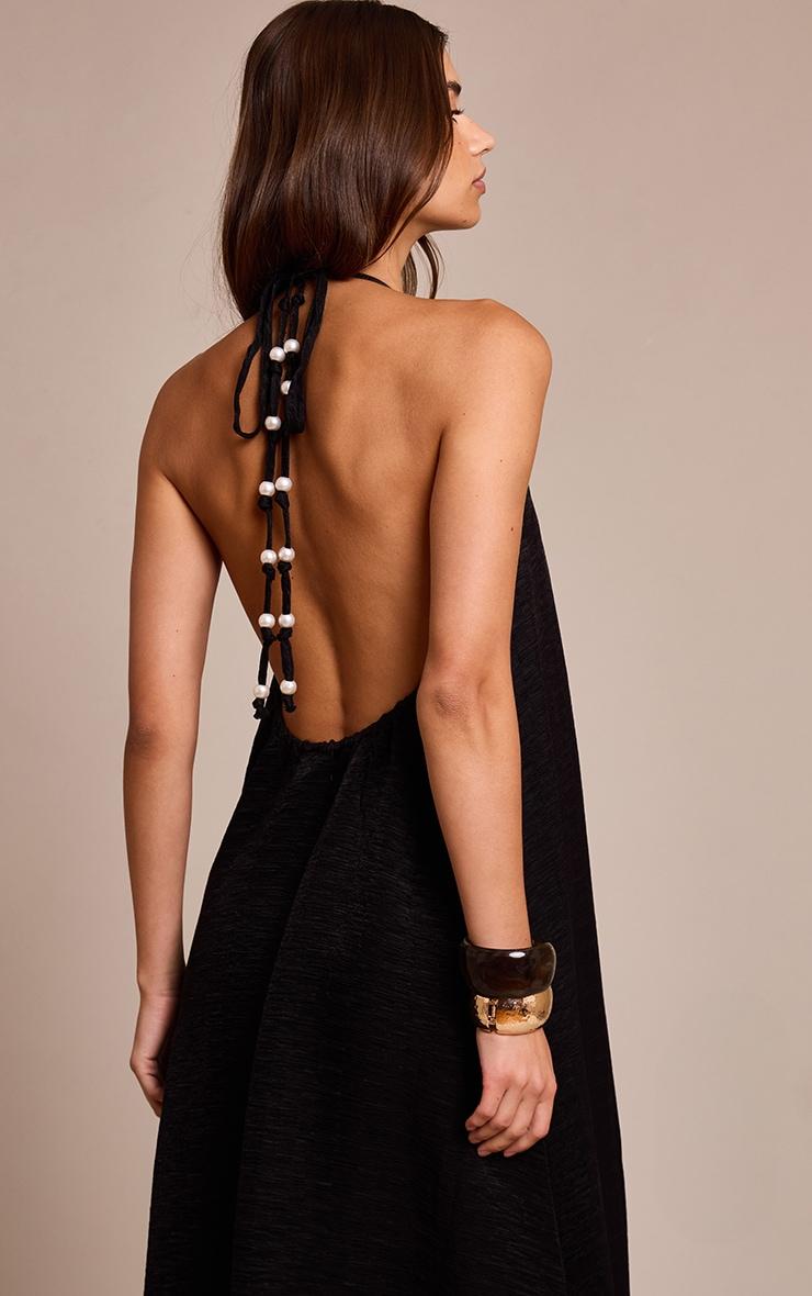 Black Crinkle Textured Bead Detail Halter Maxi Dress Product Image