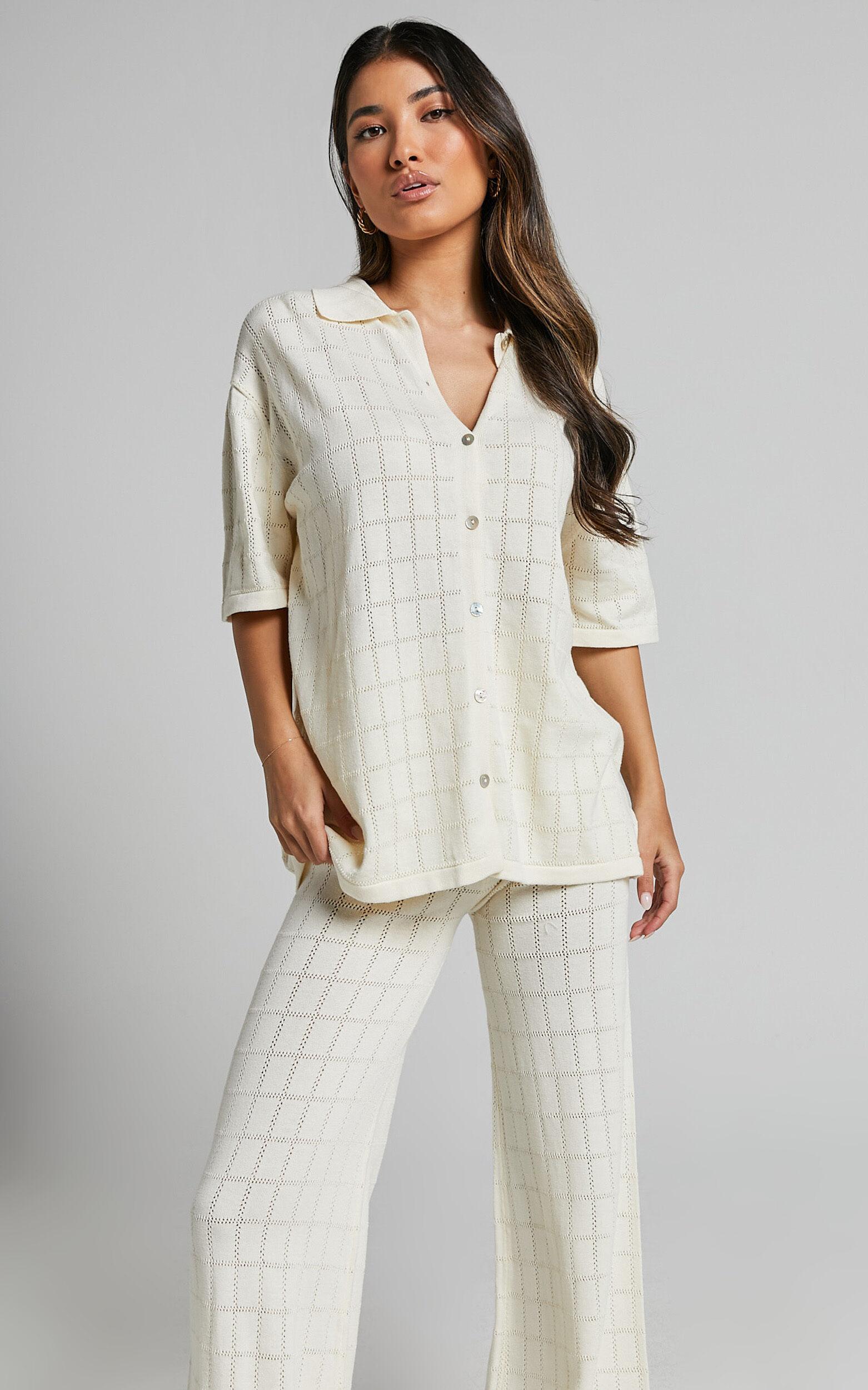 Tommy Two Piece Set - Knit Button Through Top and Pants Two Piece Set in Cream Product Image