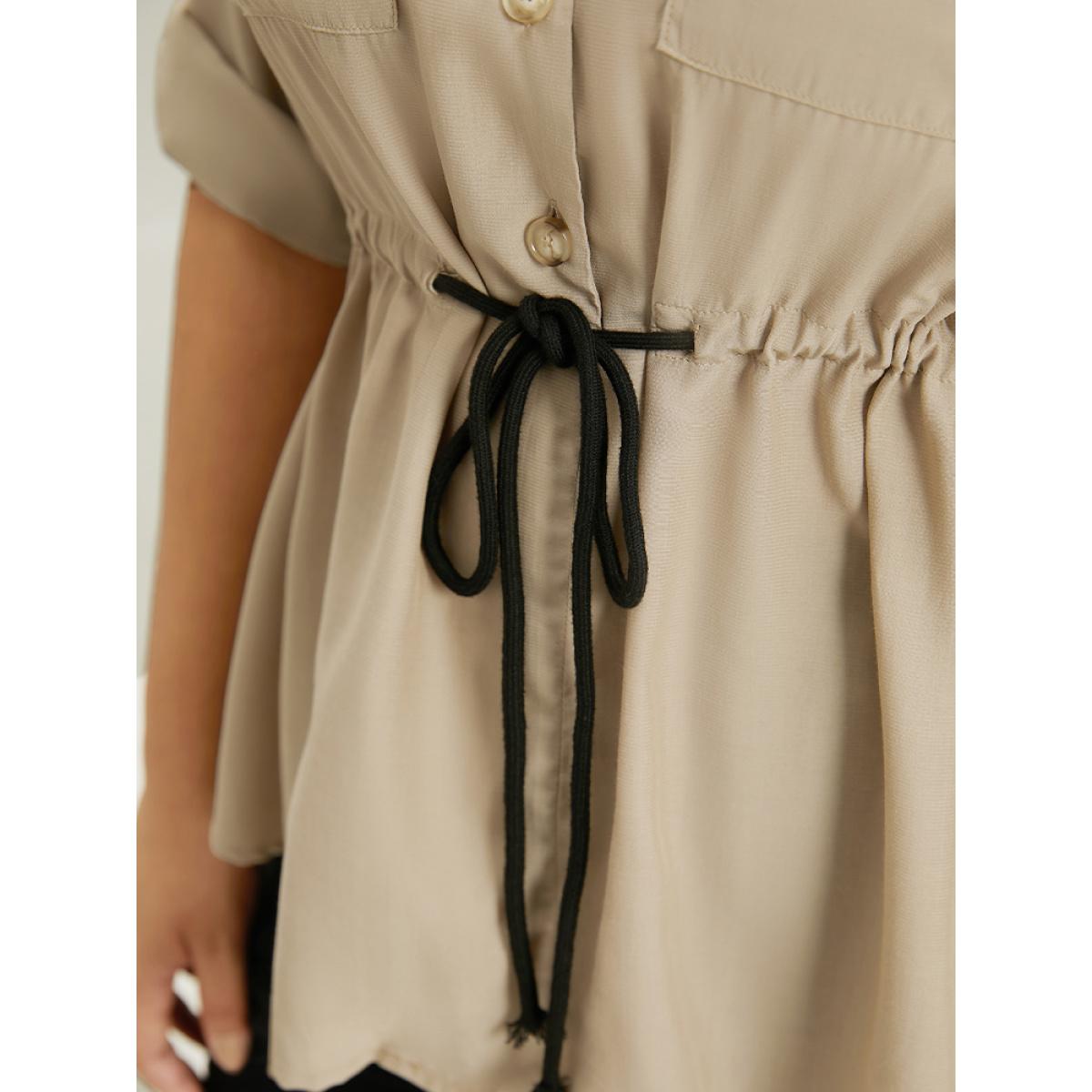 Plus Size Tan Contrast Drawstring Roll Tab Sleeve Patched Pocket Blouse Women Office Elbow-length sleeve Shirt collar Work Blouses BloomChic 10/M Product Image