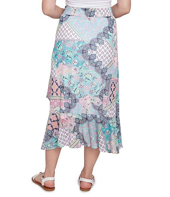 Ruby Rd. Lightweight Mesh Paisley Patchwork Asymmetric Ruffle Hem Pull-On Midi Flowy Skirt Product Image