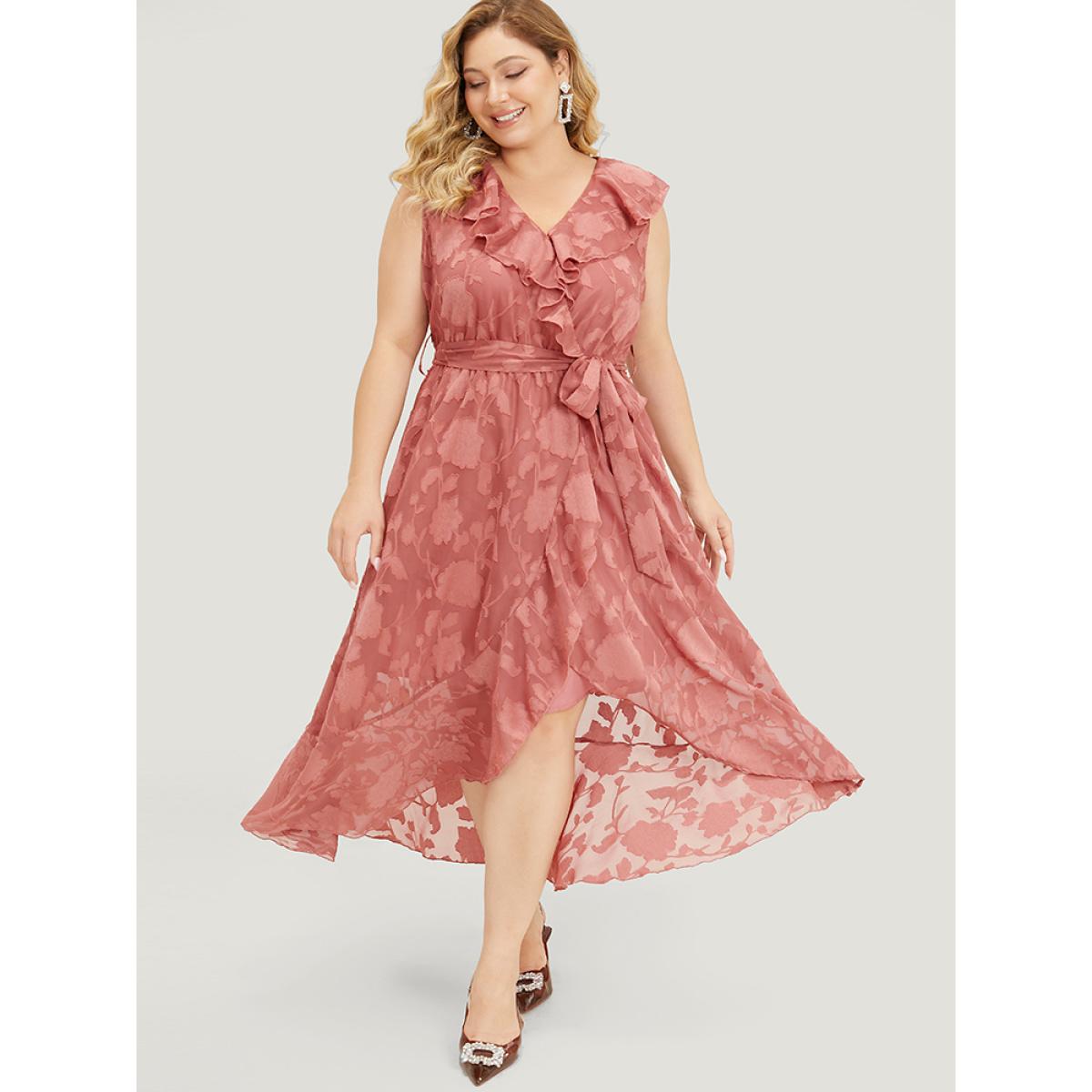 Plus Size Floral Print Ruffle Trim Wrap Belted Asymmetrical Tank Dress DustyPink Women Glamour Lined V-neck Sleeveless Curvy Midi Dress BloomChic 12/L Product Image
