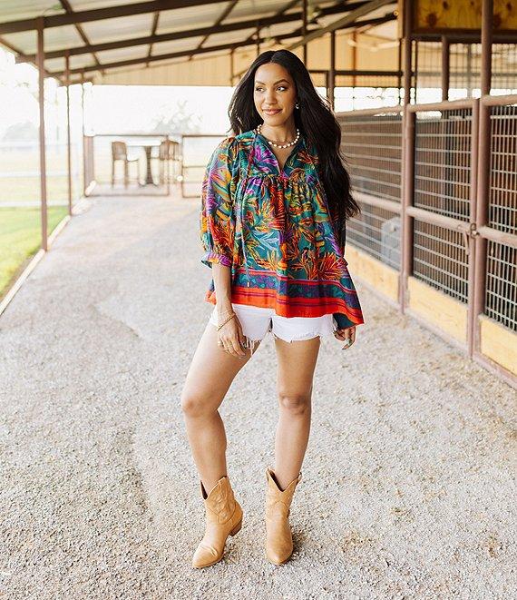 J.Marie Asher Woven Floral Printed Tie Split V-Neck 3/4#double; Puff Sleeve Tunic Product Image