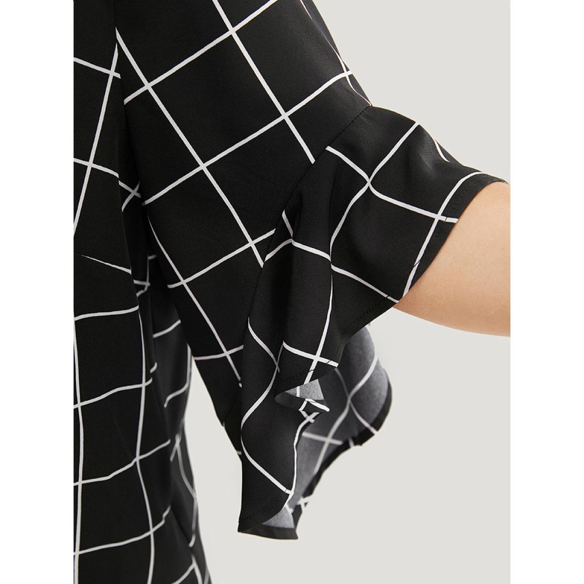 Plus Size Black Plaid Notched Button Up Ruffle Sleeve Split Hem Blouse Women Office Elbow-length sleeve Notched collar Work Blouses BloomChic 28/5X Product Image